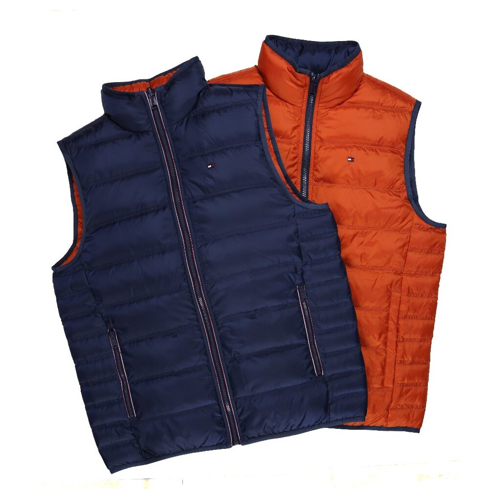 NWT TOMMY HILFIGER Men's Reversible Down Vest Navy/Orange MSRP $159.00